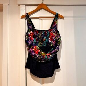 Lands End Womens 16W Tankini Top Floral Tropical Crossover Swim Vacation Summer